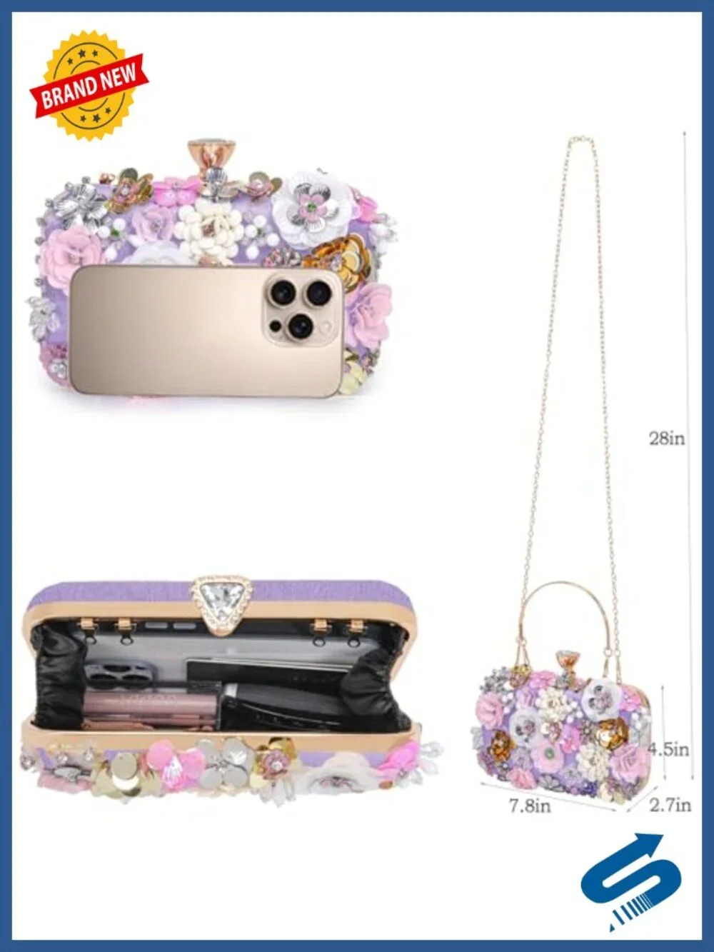 PU Leather Floral Clutch Evening Bag with Chain Strap
